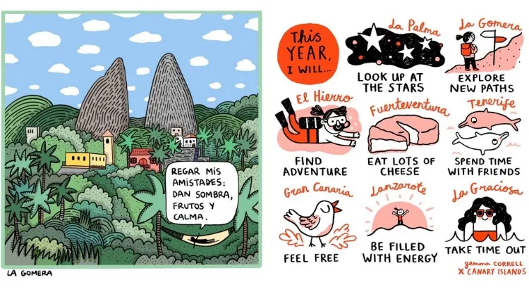 Ilustraciones de @72kilos y Gemma Correll para campaña de Islas Canarias en redes sociales